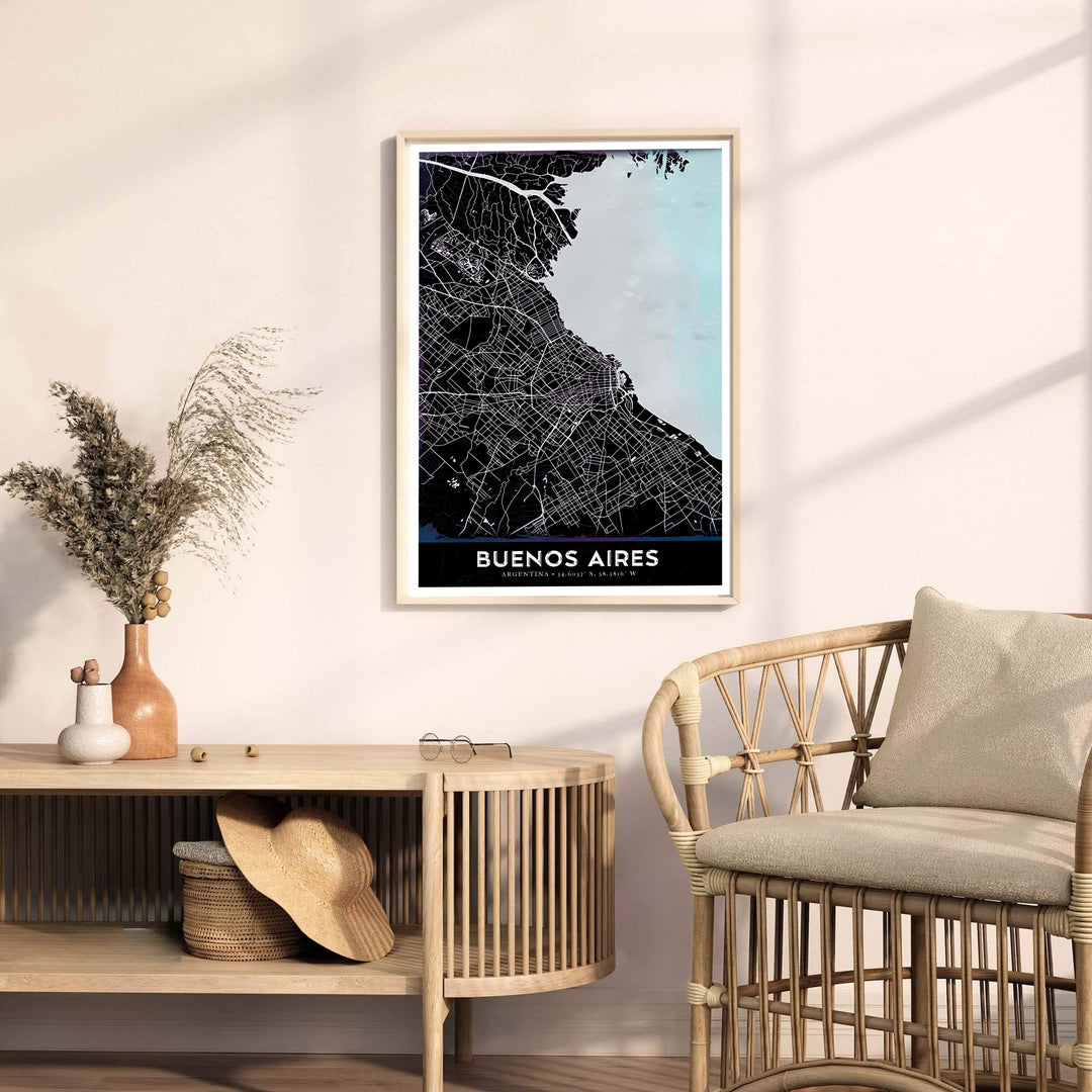 Fine art cartography print of Buenos Aires showing street grids and coastal contours with clean modern border styling. Available through MapYourDreams, this print accommodates various display preferences, including unframed art paper, framed prints, or stretched canvas wraps.