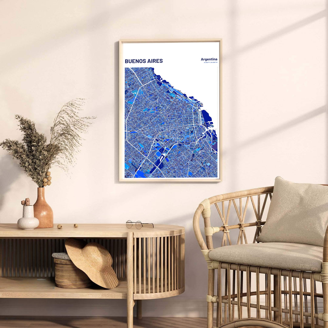 Contemporary South American map print highlighting the city structure of Buenos Aires in a striking mosaic blue color palette. A fine offering from MapYourDreams, choose between flexible product formats like borderless paper, custom wooden frames, or canvas wraps.