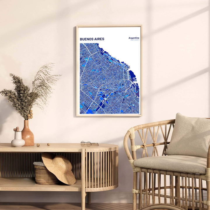 Contemporary South American map print highlighting the city structure of Buenos Aires in a striking mosaic blue color palette. A fine offering from MapYourDreams, choose between flexible product formats like borderless paper, custom wooden frames, or canvas wraps.