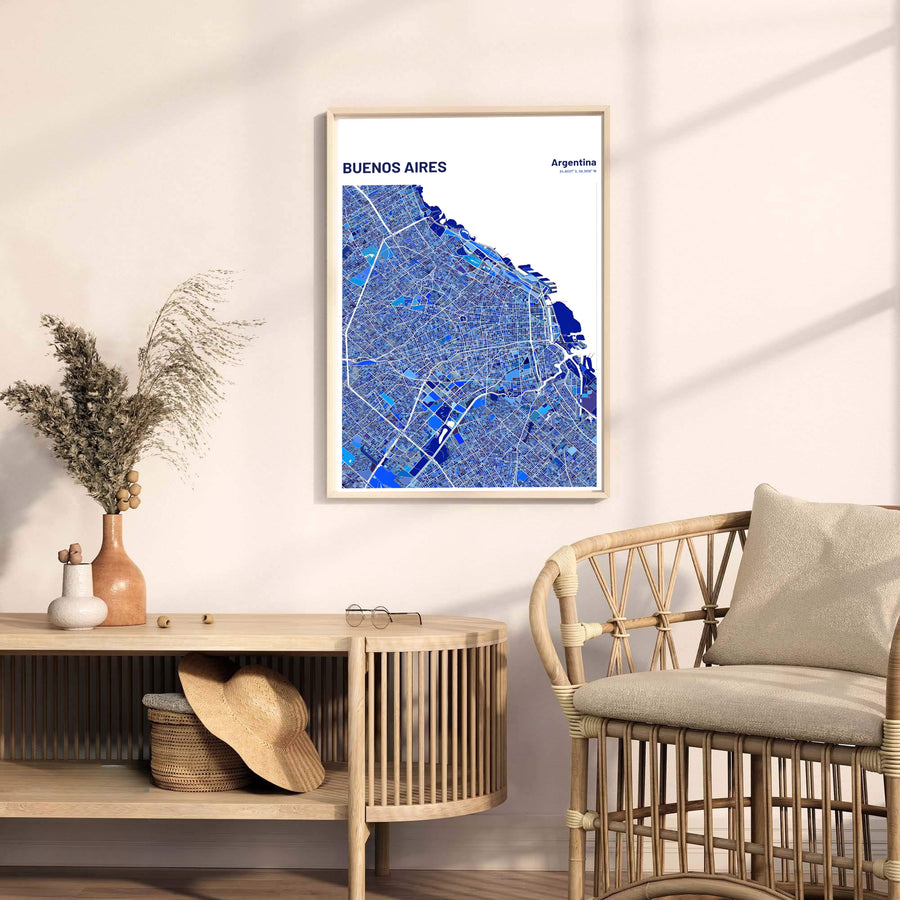 Contemporary South American map print highlighting the city structure of Buenos Aires in a striking mosaic blue color palette. A fine offering from MapYourDreams, choose between flexible product formats like borderless paper, custom wooden frames, or canvas wraps.