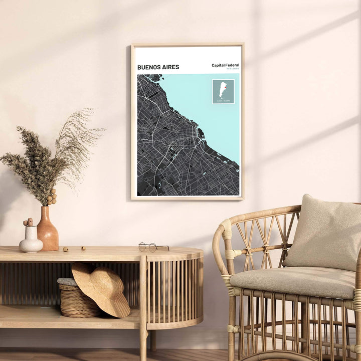 Fine art cartography print of Buenos Aires showing street grids and coastal contours with clean modern header styling. Available through MapYourDreams, this print accommodates various display preferences, including unframed art paper, framed prints, or stretched canvas wraps.