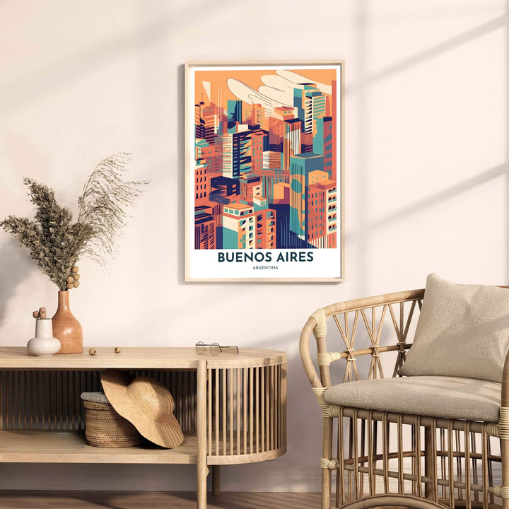 Vibrant South American city poster highlighting high-rise buildings and apartment blocks in central Buenos Aires. A fine offering from MapYourDreams, choose between flexible product formats like borderless paper, custom wooden frames, or canvas wraps.