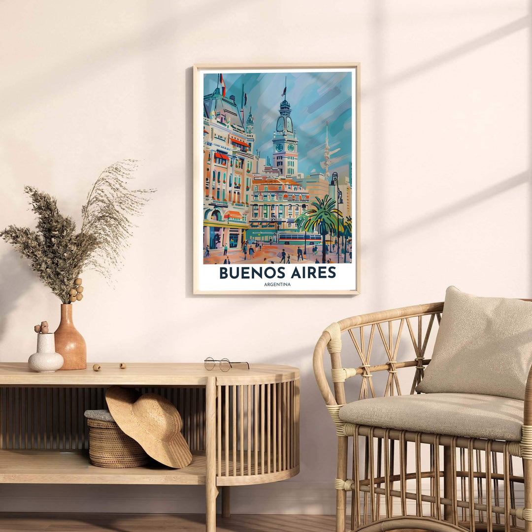 Romantic travel poster illustrating the grand architectural avenues and clock towers of historic Buenos Aires in Argentina. A fine offering from MapYourDreams, choose between flexible product formats like borderless paper, custom wooden frames, or canvas wraps.