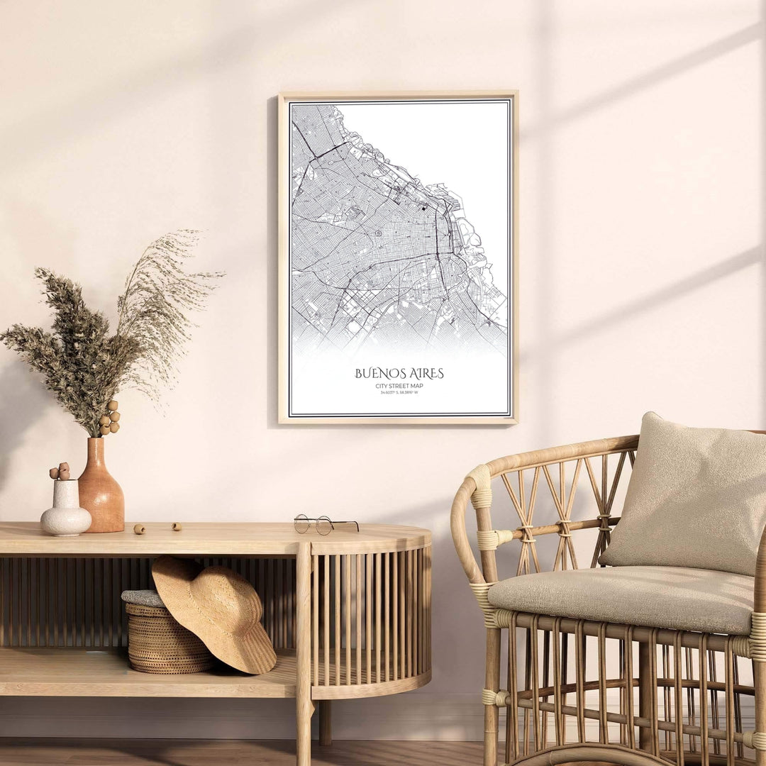 Minimalist cartographic wall decor showcasing the road network map of central Buenos Aires along with exact geographic coordinates. Available through MapYourDreams, this print accommodates various display preferences, including unframed art paper, framed prints, or canvas wraps.