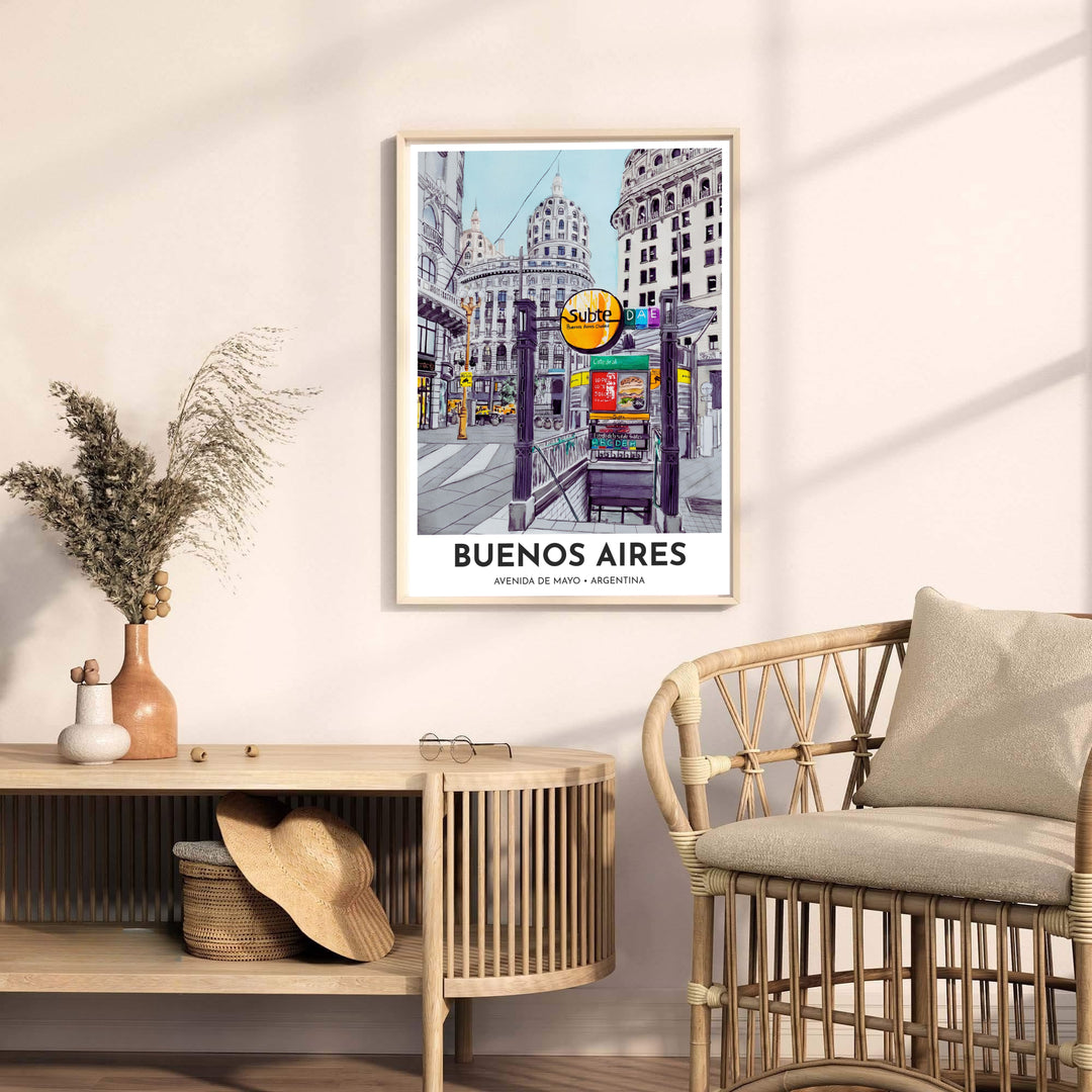 Urban streetscape travel poster capturing the historic subway entrance and grand architecture of Buenos Aires, Argentina. A fine offering from MapYourDreams, choose between flexible product formats like borderless paper, custom wooden frames, or canvas wraps.