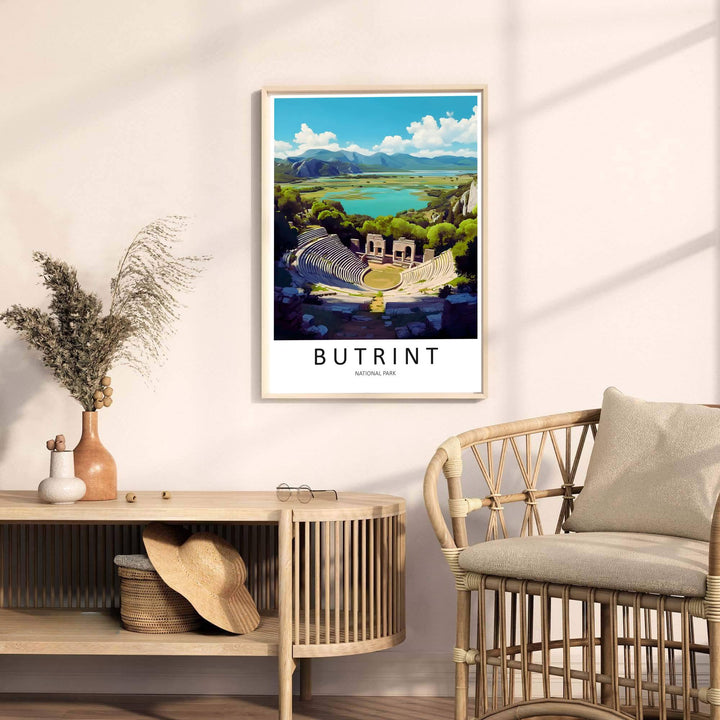 Retro-style Butrint country poster rendered in rich green and blue tones, capturing the unique beauty of Albania&