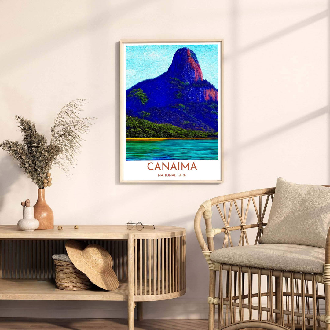 Contemporary travel poster capturing the expressive artistic color palette of Canaima for colorful modern interiors. A fine offering from MapYourDreams, choose between flexible product formats like borderless paper, custom wooden frames, or canvas wraps.