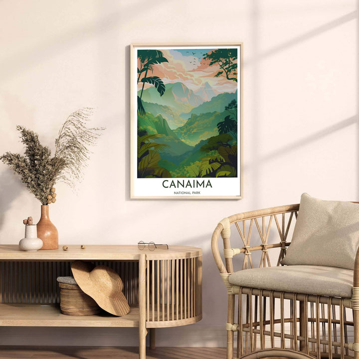 Contemporary travel poster capturing the biophilic tropical modern aesthetic of Canaima for bohemian home interiors. A fine offering from MapYourDreams, choose between flexible product formats like borderless paper, custom wooden frames, or canvas wraps.