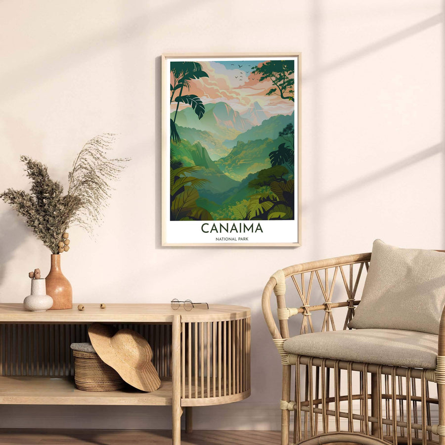Contemporary travel poster capturing the biophilic tropical modern aesthetic of Canaima for bohemian home interiors. A fine offering from MapYourDreams, choose between flexible product formats like borderless paper, custom wooden frames, or canvas wraps.