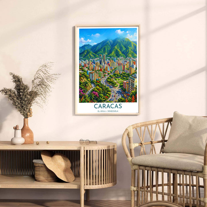 Contemporary travel poster capturing the cheerful tropical modern aesthetic of Caracas for eclectic interior spaces. A fine offering from MapYourDreams, choose between flexible product formats like borderless paper, custom wooden frames, or canvas wraps.