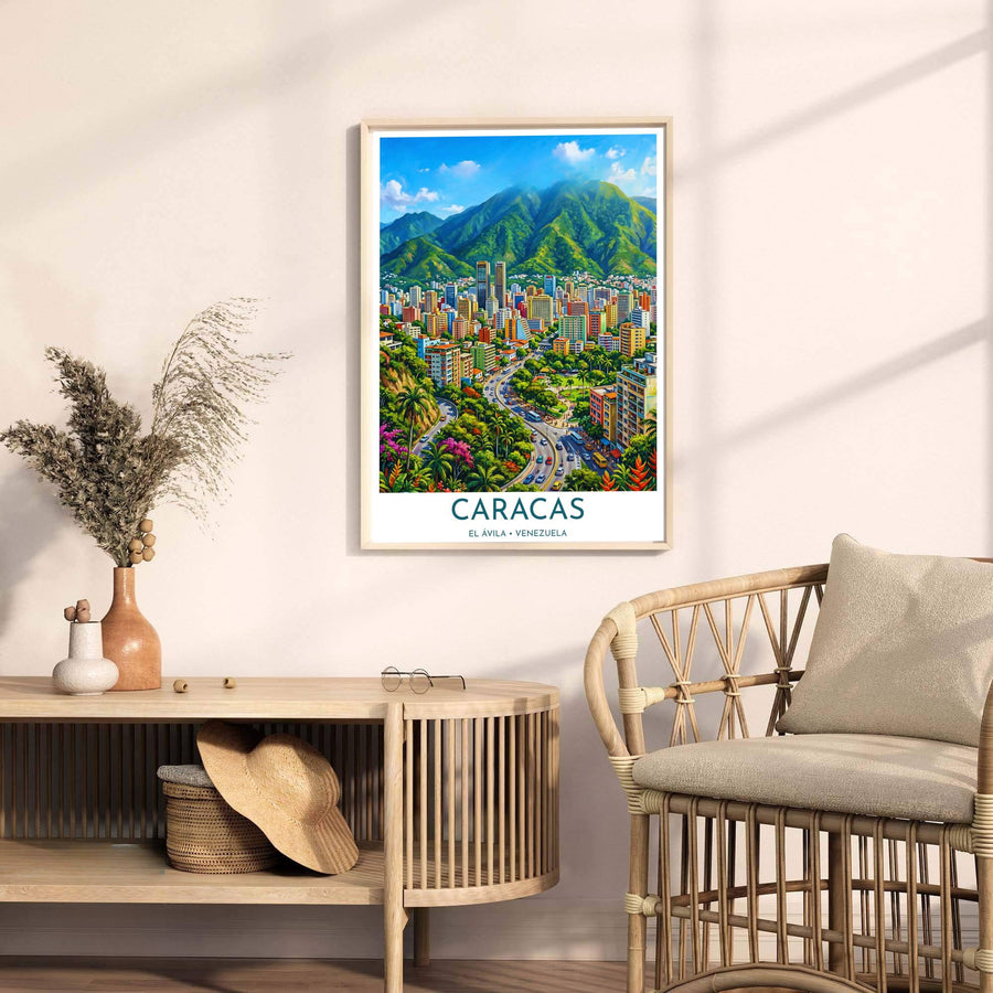 Contemporary travel poster capturing the cheerful tropical modern aesthetic of Caracas for eclectic interior spaces. A fine offering from MapYourDreams, choose between flexible product formats like borderless paper, custom wooden frames, or canvas wraps.