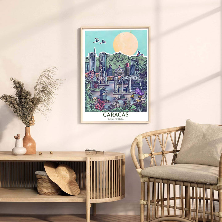 Contemporary travel poster capturing the whimsical pop art aesthetic of Caracas for creative interior spaces. A fine offering from MapYourDreams, choose between flexible product formats like borderless paper, custom wooden frames, or canvas wraps.
