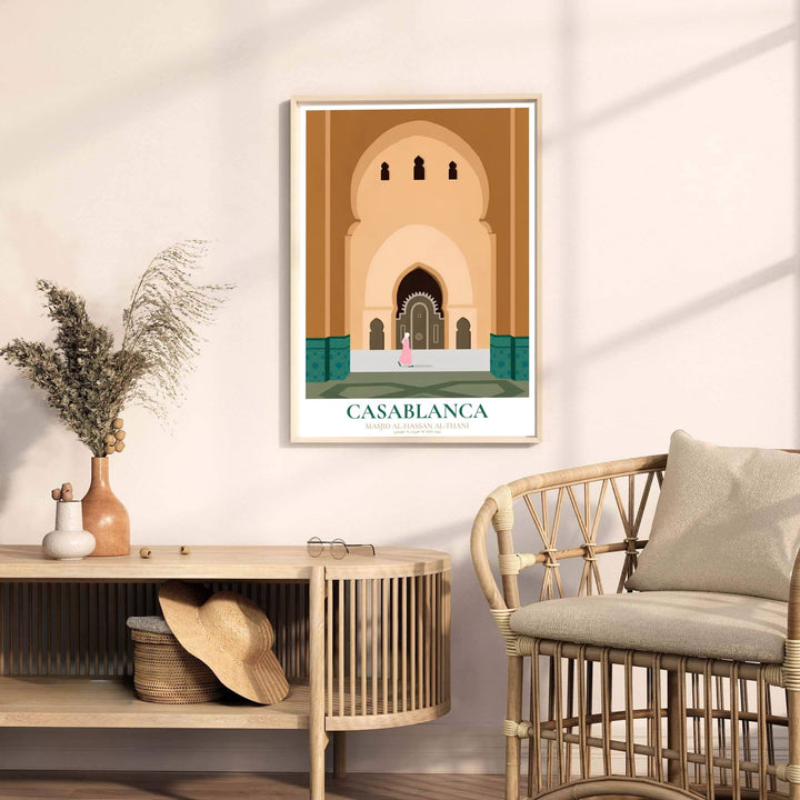Fine art vector poster of Hassan II Mosque in Casablanca Morocco with latitude and longitude coordinate text at the bottom. Released by MapYourDreams, this artwork is available in flexible options including unframed paper, custom wooden frames, and gallery canvas wraps for home wall art.