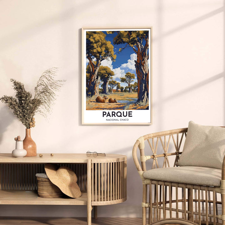 Contemporary travel poster capturing the untamed wilderness and capybara fauna of Northern Argentina. A fine offering from MapYourDreams, choose between flexible product formats like borderless paper, custom wooden frames, or canvas wraps.