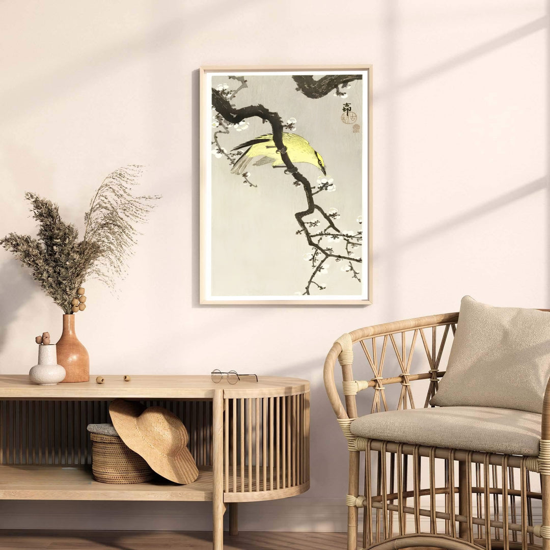 Vibrant yellow Chinese Oriole perched on plum branches inspired by Japanese tea house gardens in Kyoto. MapYourDreams offers versatile framed, unframed, and canvas print wall decor formats.