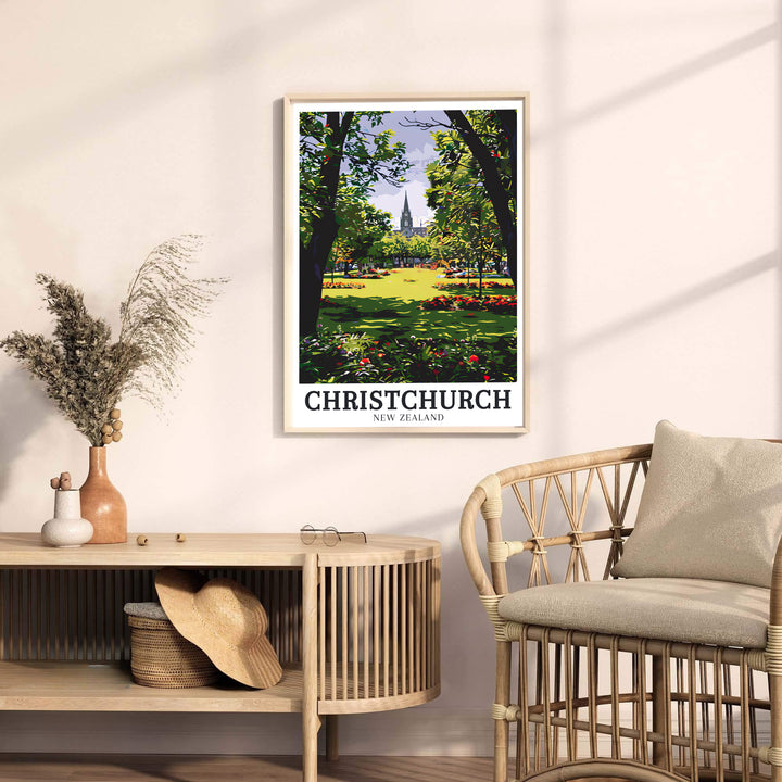 Scenic trees, sunlit grounds, and heritage architecture at Christchurch Botanic Gardens star in this art print. Discover ready-to-hang framed, unframed, and canvas options available at MapYourDreams.