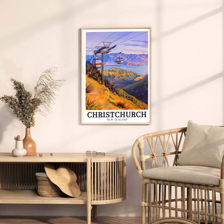 Scenic mountain cable cars, sunlit Port Hills tussock, and Lake Ellesmere star in this ChristChurch travel poster print. Discover ready-to-hang framed, unframed, and canvas decor options at MapYourDreams.