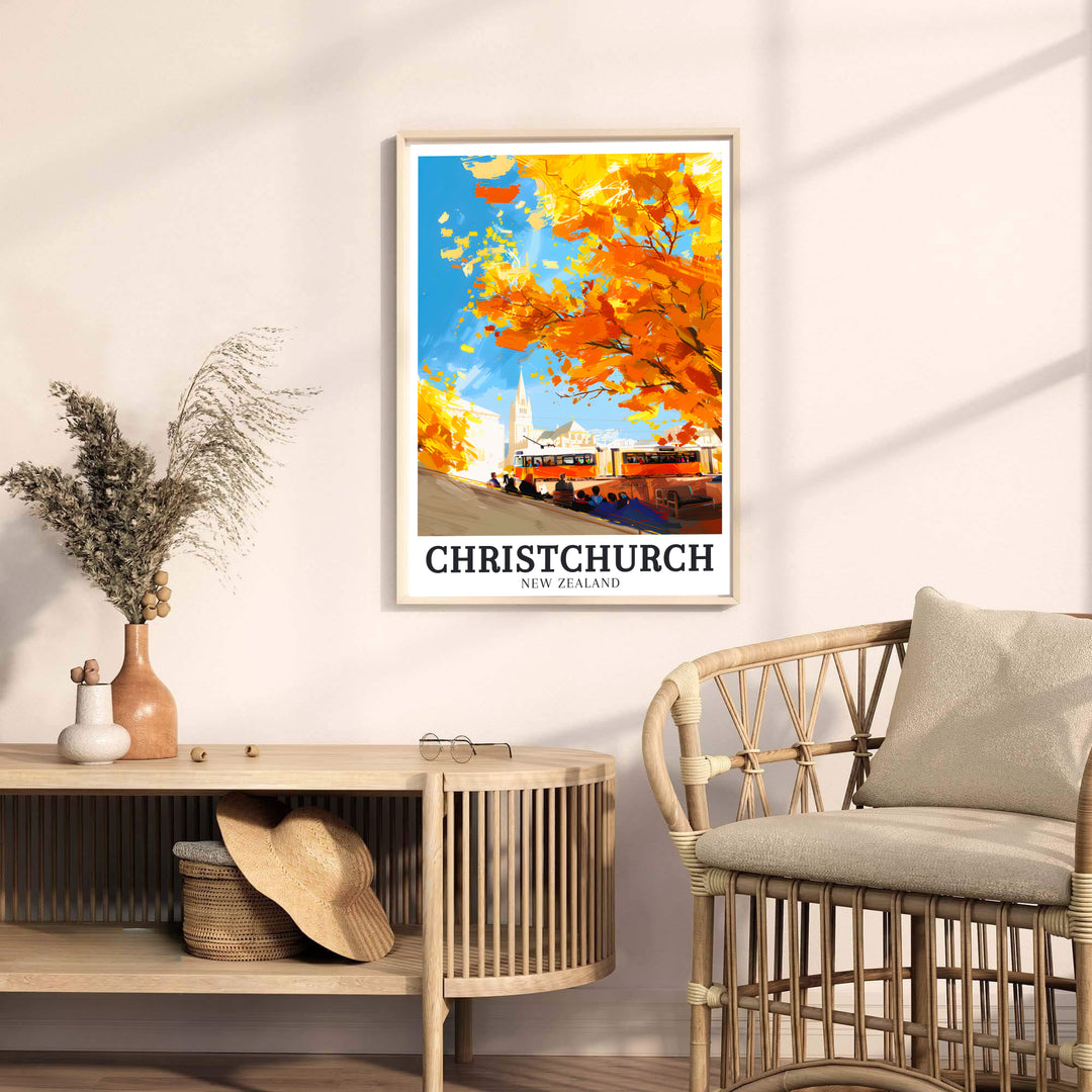 Scenic cityscape foliage, vintage heritage trams, and distant church spires star in this Christchurch poster. Discover ready-to-hang framed, unframed, and canvas decor options at MapYourDreams.
