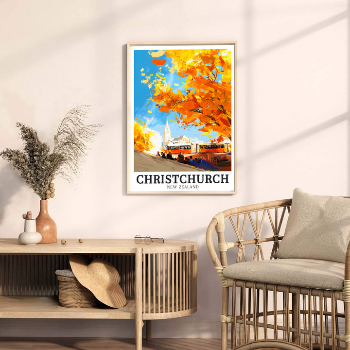 Scenic cityscape foliage, vintage heritage trams, and distant church spires star in this Christchurch poster. Discover ready-to-hang framed, unframed, and canvas decor options at MapYourDreams.