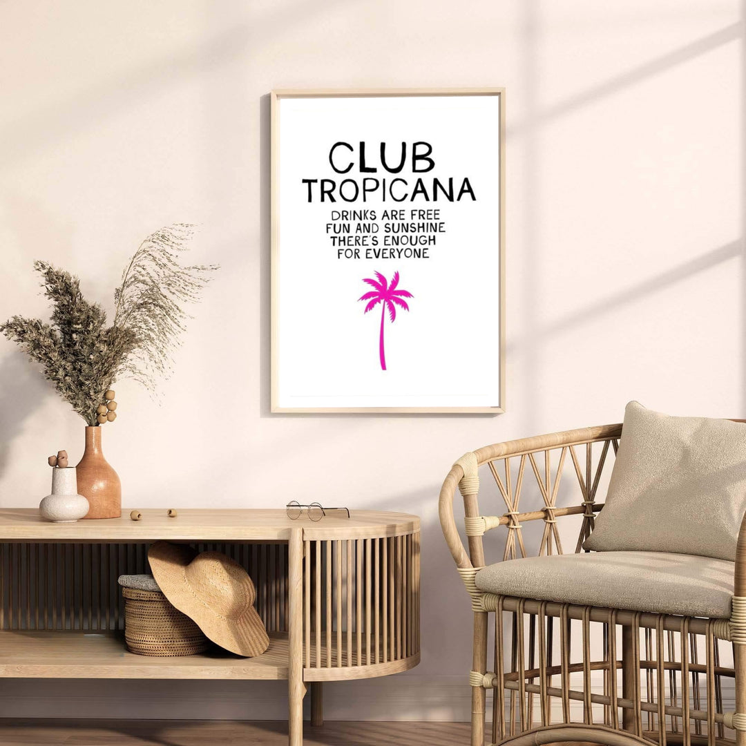 Minimalist song lyric art print highlighting Wham pop culture history with a tropical palm at Club Tropicana, available at MapYourDreams with selections including unframed paper prints, stretched canvas decor, or custom framed wall art for patio and lounge rooms.