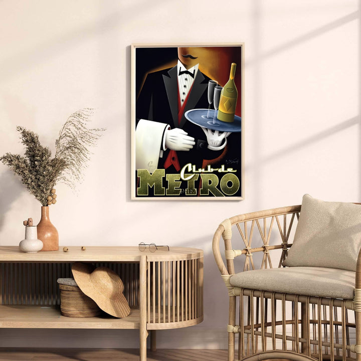 Fine art vintage bar print detailing the bowtie, red vest, and champagne glasses of a waiter at Club de Metro, available from MapYourDreams with choices including unframed paper prints, stretched gallery canvas, or a tailored custom framed wall display for study rooms.