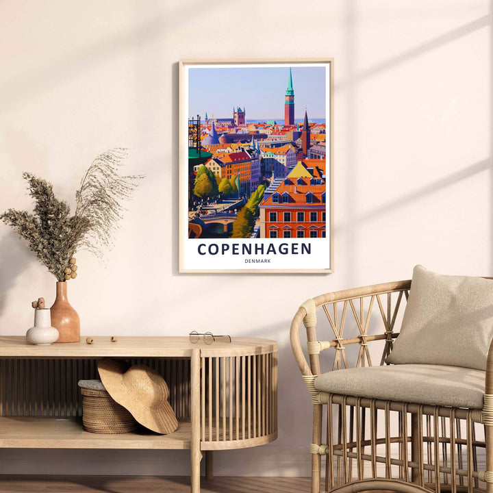 Minimalist Scandinavian style wall art showing the scenic cityscape of Copenhagen Denmark. Offered by MapYourDreams, this artwork is available in flexible options including unframed paper, custom wooden frames, and gallery canvas wraps.