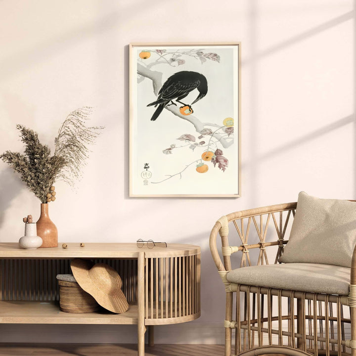 Black crow perched on kaki fruit branches inspired by Japanese tea house gardens in Kyoto. MapYourDreams offers versatile framed, unframed, and canvas print wall decor formats.