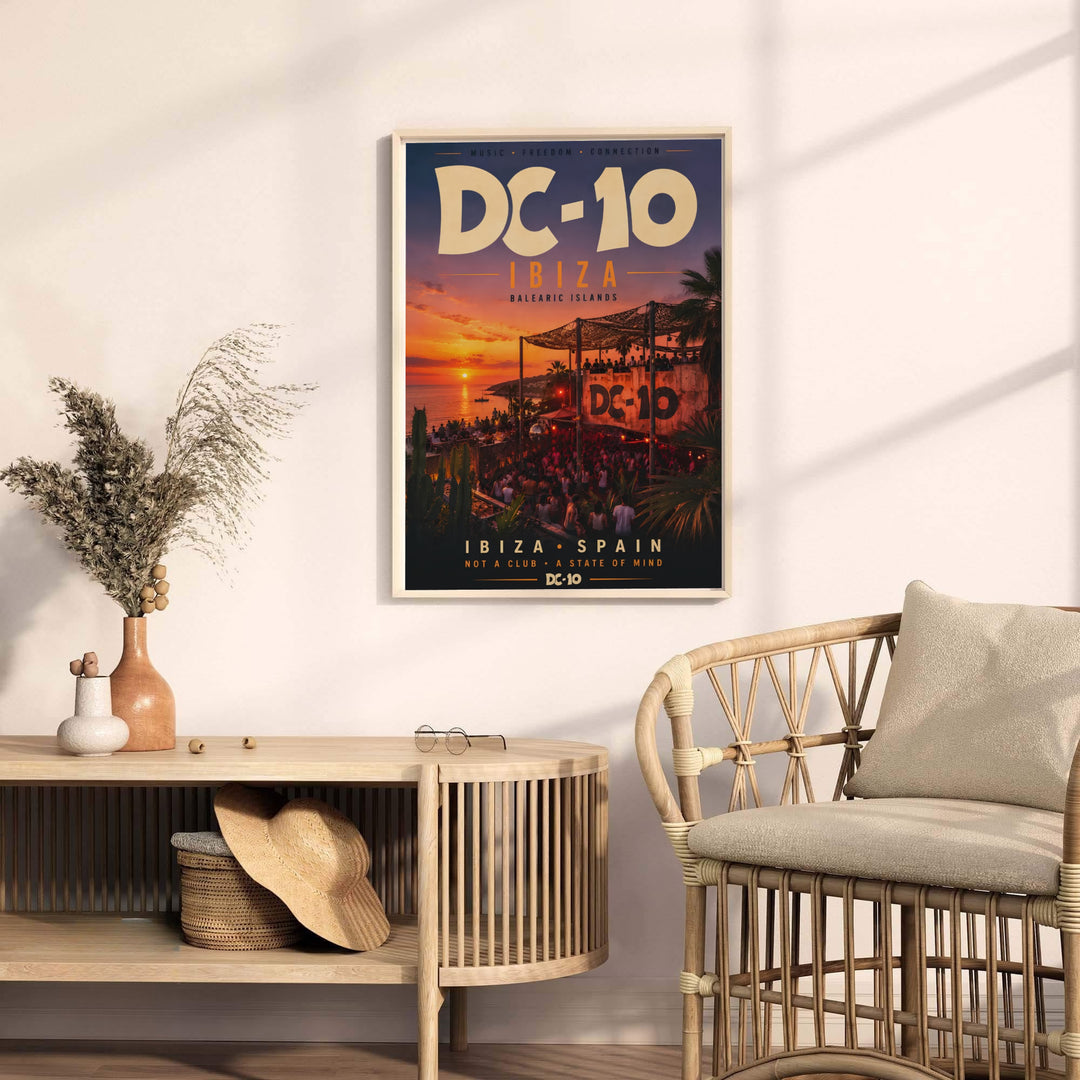 Energetic summer festival music poster showcasing golden hour sky and dancing crowd at DC-10 in Ibiza, Spain, produced by MapYourDreams with available product options including fine art unframed paper, gallery canvas, or custom framed decor for dining spaces.