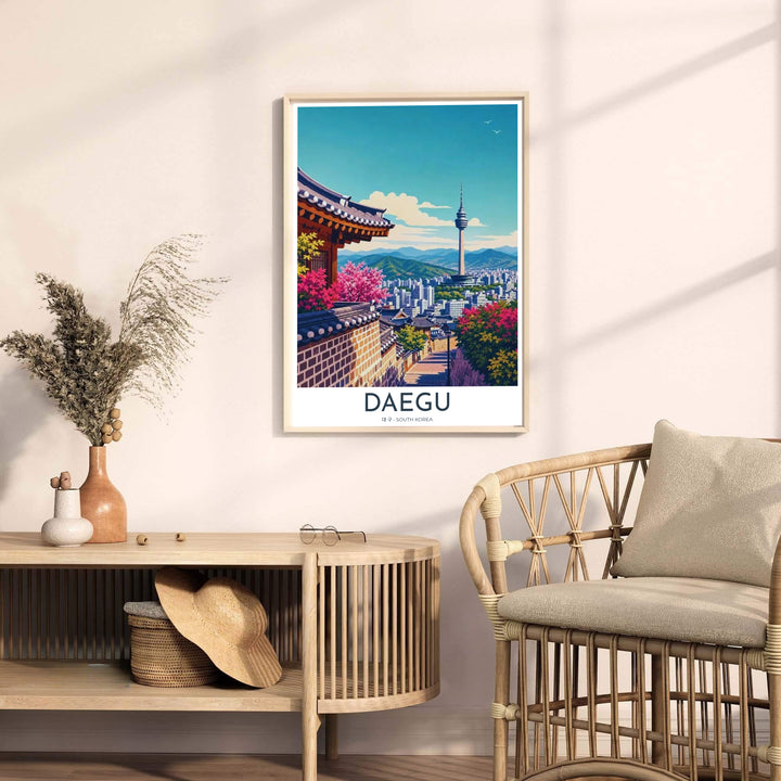Artistic home decor print capturing the cultural splendor of Daegu, South Korea, featuring traditional stone brick walls, pink floral bushes, and a sweeping city horizon. Offered by MapYourDreams, this artwork is available in flexible options including unframed paper, custom wooden frames, and gallery canvas wraps.