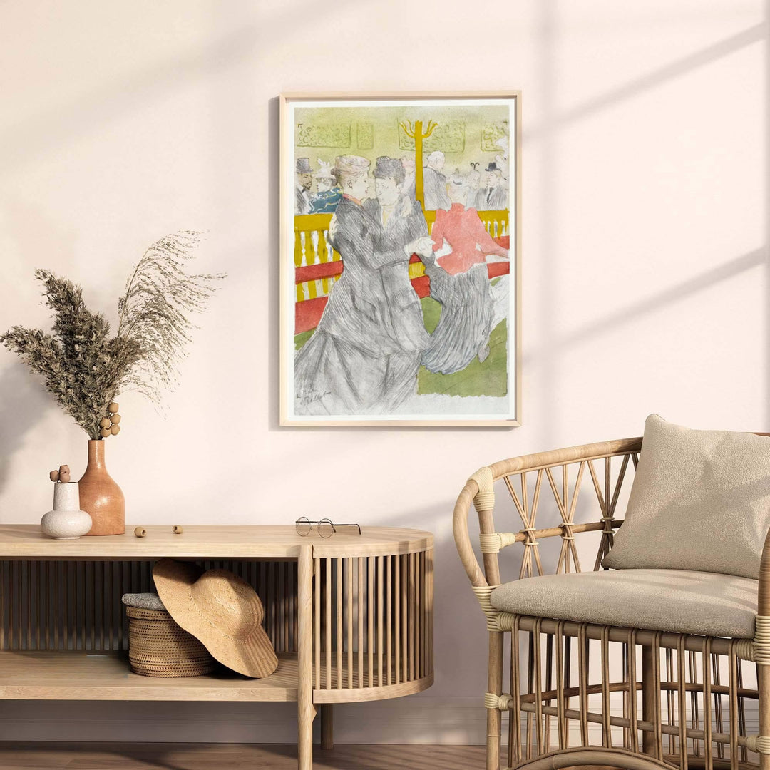 Fine art poster print of Dance At The Moulin Rouge (1897), Henri de Toulouse-Lautrec rendered in pencil lines and coral red washes in Paris, France. MapYourDreams provides premium framed prints, unframed paper wall decor, and stretched canvas prints for stylish bohemian interior rooms.