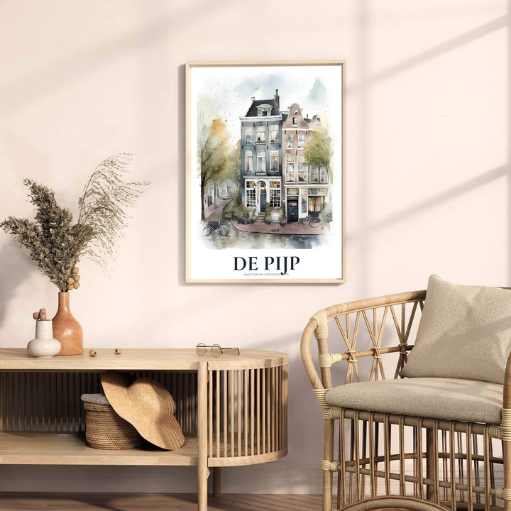 Charming watercolor print of classic Dutch gabled buildings and cozy shopfronts in De Pijp Amsterdam, produced by MapYourDreams with available product options including fine art unframed paper, stretched canvas, or custom framed decor to suit modern boho residential wall spaces.