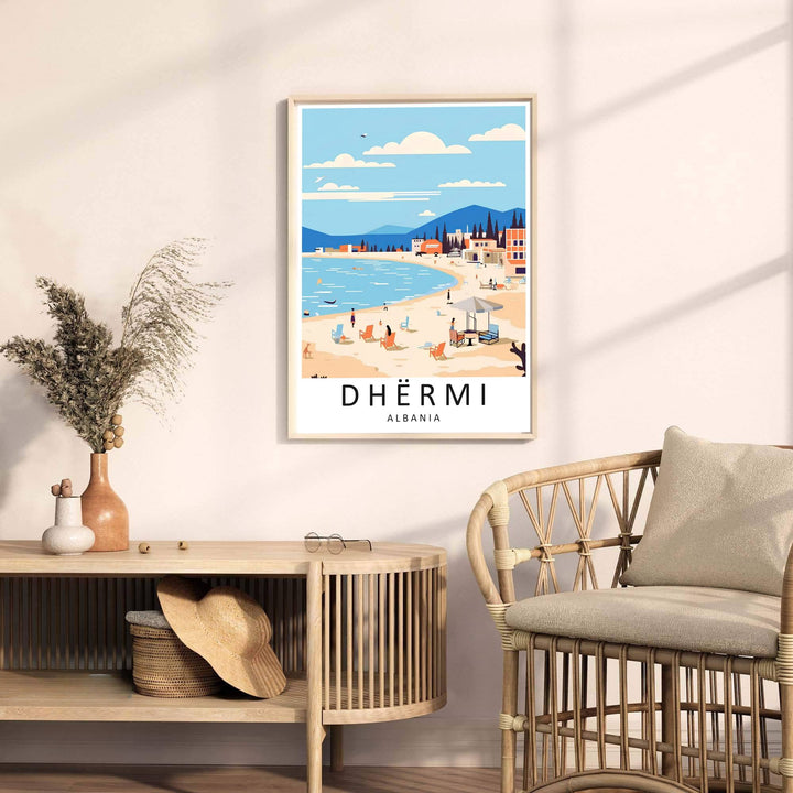 Retro-style Dhërmi country poster rendered in warm sand and blue sea tones, capturing the unique summer beauty of Albania&