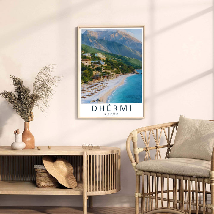 Beautiful turquoise water rolls onto the shore of Dhërmi, Albania, captured from above to emphasize the dramatic coastal topography. Select your ideal display presentation, including unframed fine art paper, wood frames, or gallery canvas wraps.