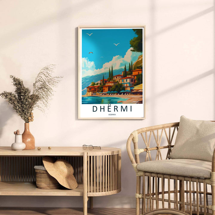 Charming village houses with red clay roofs sit along the slopes of Dhërmi, looking out toward the sparkling turquoise Ionian Sea. Offered by MapYourDreams, this artwork is available in flexible options including unframed paper, custom wooden frames, and gallery canvas wraps.