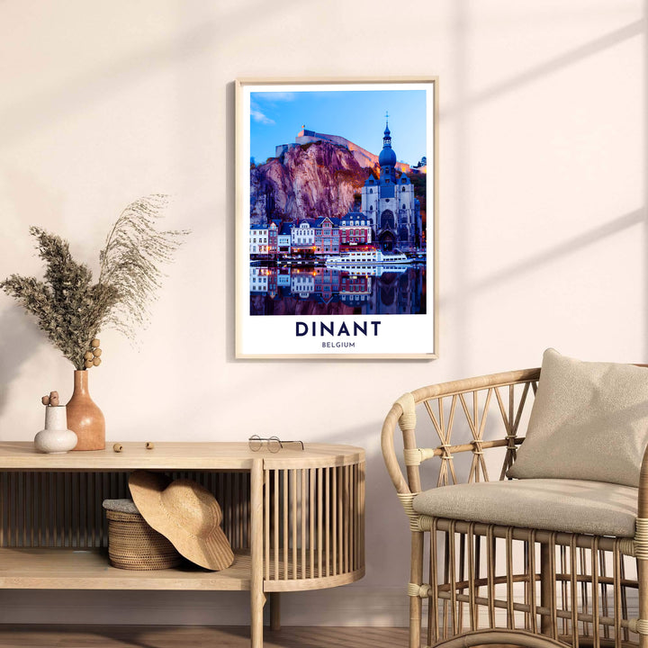 Charming Belgian travel photo showcasing the soaring rock face and historic town center of Dinant, Belgium. Offered by MapYourDreams, this artwork is available in flexible options including unframed paper, custom wooden frames, and gallery canvas wraps.
