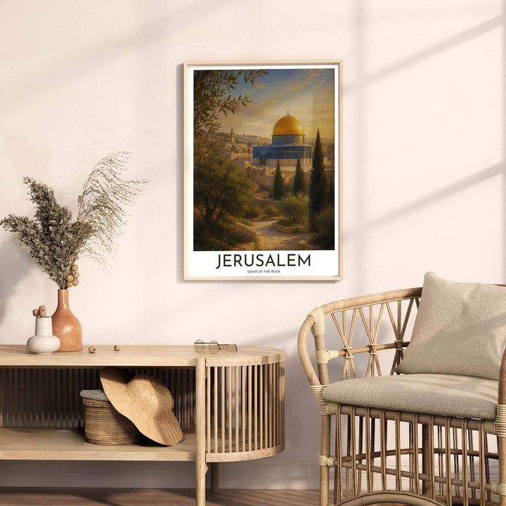 Fine art landscape poster of Qubbat al-Sakhrah in Jerusalem featuring warm golden sunset tones and olive foliage. Released by MapYourDreams, this artwork is available in flexible options including unframed paper, custom wooden frames, and gallery canvas wraps for home wall art.