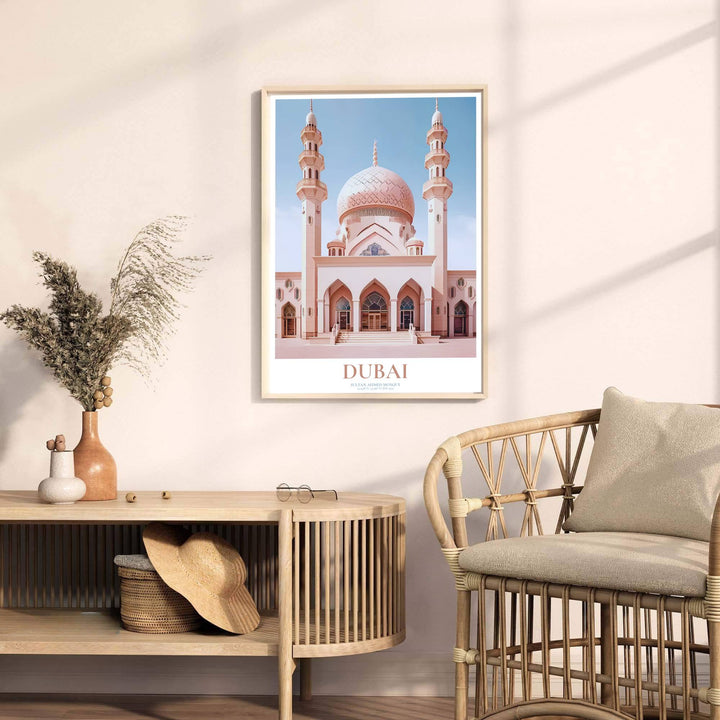 Fine art vector poster of Jumeirah Mosque in Dubai UAE with clean title text and coordinate details at base. Released by MapYourDreams, this artwork is available in flexible options including unframed paper, custom wooden frames, and gallery canvas wraps for home wall art.