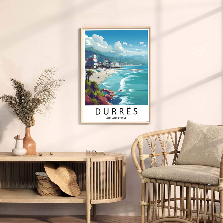Looking across the vibrant blue bay of Durrës toward distant mountain peaks, this art print highlights Albania’s scenic coastal city. Select your preferred format, such as unframed fine art paper, a custom wood frame, or a gallery canvas wrap.