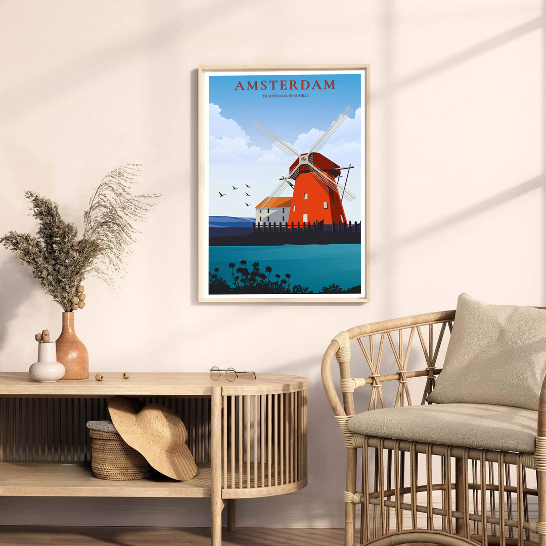 Fine art vector print detailing traditional red windmill architecture and peaceful blue skies in Amsterdam Netherlands, available from MapYourDreams with format choices including unframed paper prints, stretched gallery canvas, or a tailored custom framed wall display for entryways.