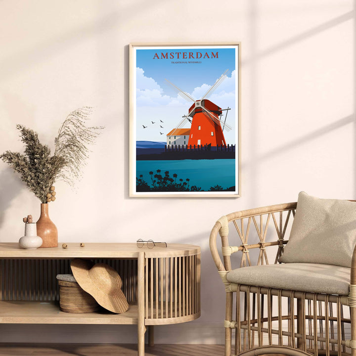 Fine art vector print detailing traditional red windmill architecture and peaceful blue skies in Amsterdam Netherlands, available from MapYourDreams with format choices including unframed paper prints, stretched gallery canvas, or a tailored custom framed wall display for entryways.