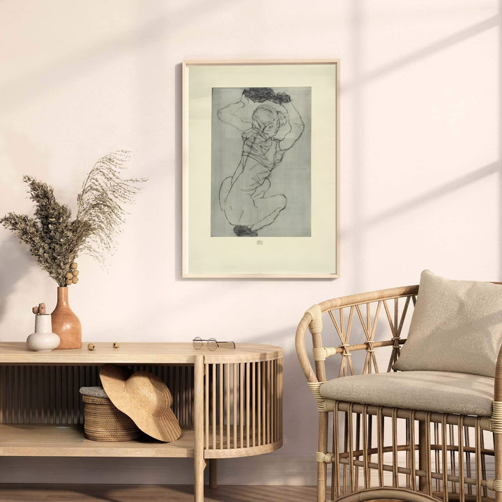 Monochrome figure study sketch poster print of Egon Schiele Crouching Female Nude 1914 from Leopold Museum Vienna displaying expressive human contours. MapYourDreams provides premium framed prints, unframed paper wall poster decor, and stretched canvas choices for sophisticated art gallery walls.