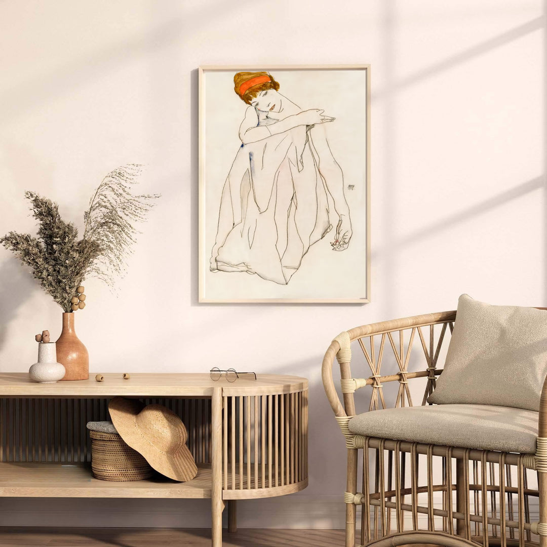 Authentic 1913 gouache poster of Egon Schiele Dancer Tanzerin at Albertina Museum Vienna with vibrant red accents and signature details. Order custom framed prints, unframed paper wall poster art, or gallery canvas options from MapYourDreams to elevate your favorite interior space.