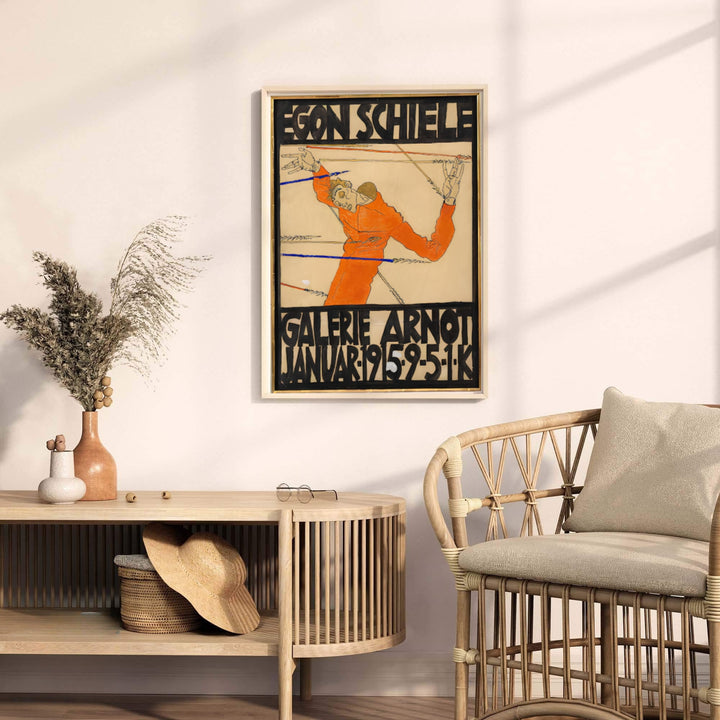 Authentic 1915 exhibition poster of Egon Schiele Galerie Arnot at Galerie Arnot Vienna with bright orange hues and signature details. Order custom framed prints, unframed paper wall poster art, or gallery canvas options from MapYourDreams to elevate your favorite interior space.