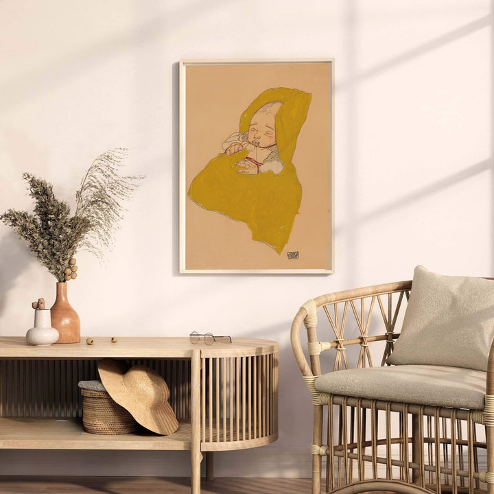 Authentic 1915 infant poster of Egon Schiele Infant On A Changing Pad at Leopold Museum Vienna with bright yellow blanket and signature details. Order custom framed prints, unframed paper wall poster art, or gallery canvas options from MapYourDreams to elevate your favorite interior space.