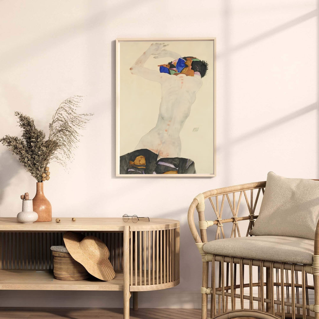 Fine art giclée figure poster of Egon Schiele Nude With Colorful Cloth 1911 preserved in Leopold Museum Vienna with warm neutral cream paper tones. MapYourDreams offers versatile framed wall art, unframed poster prints, and stretched canvas choices for complete room decoration projects.