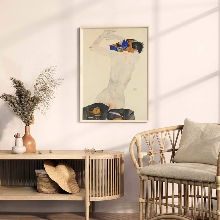 Fine art giclée figure poster of Egon Schiele Nude With Colorful Cloth 1911 preserved in Leopold Museum Vienna with warm neutral cream paper tones. MapYourDreams offers versatile framed wall art, unframed poster prints, and stretched canvas choices for complete room decoration projects.