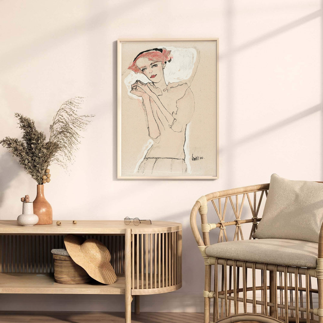 Soft pink hair portrait study poster print of Egon Schiele Portrait Of A Woman 1910 from Wiener Werkstätte in Vienna Austria displaying delicate posture. MapYourDreams provides premium framed prints, unframed paper wall poster decor, and stretched canvas choices for gallery walls.