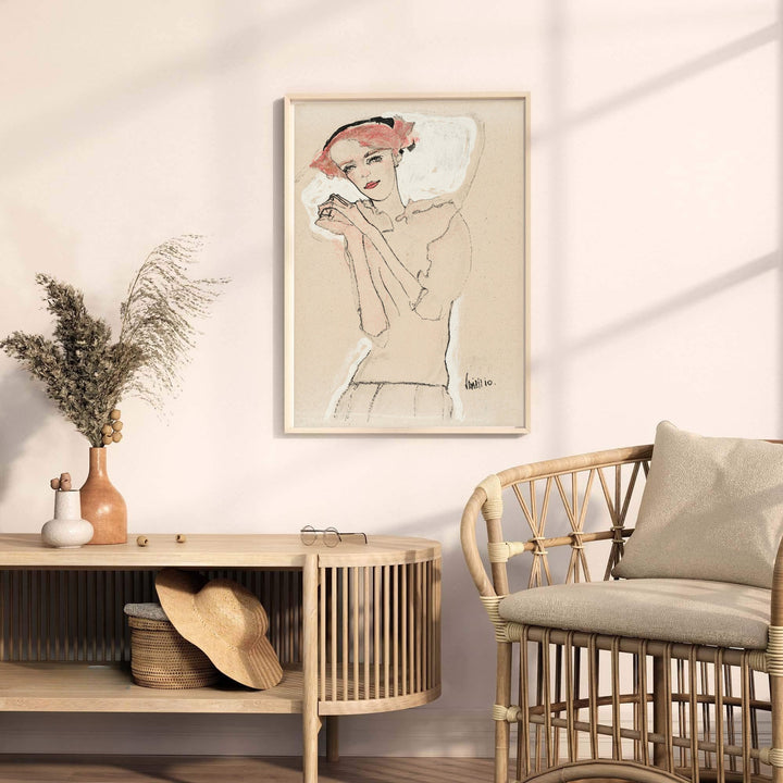 Soft pink hair portrait study poster print of Egon Schiele Portrait Of A Woman 1910 from Wiener Werkstätte in Vienna Austria displaying delicate posture. MapYourDreams provides premium framed prints, unframed paper wall poster decor, and stretched canvas choices for gallery walls.