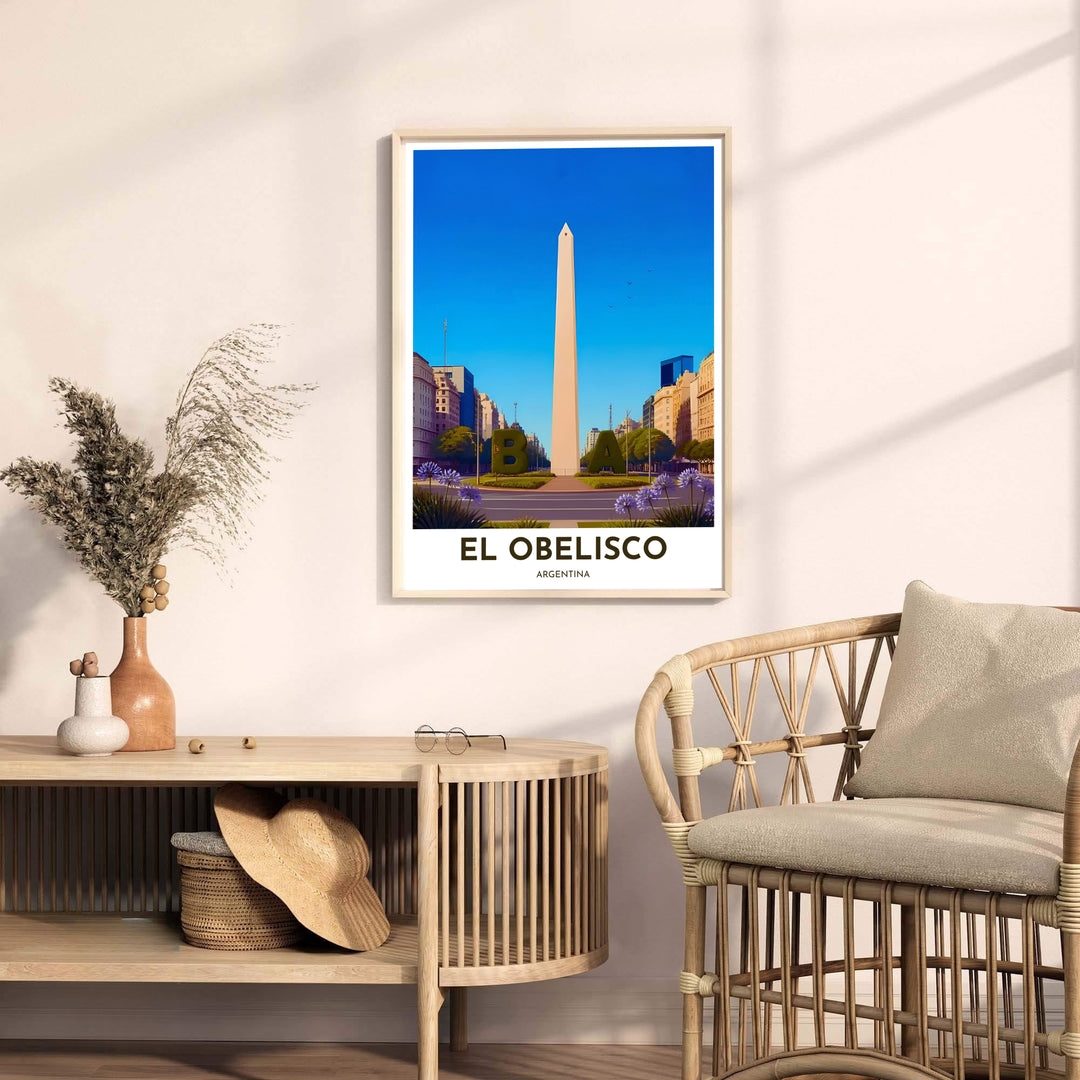 Modern travel poster capturing the bright sunlit atmosphere of El Obelisco in Buenos Aires for home gallery walls. A fine offering from MapYourDreams, choose between flexible product formats like borderless paper, custom wooden frames, or canvas wraps.