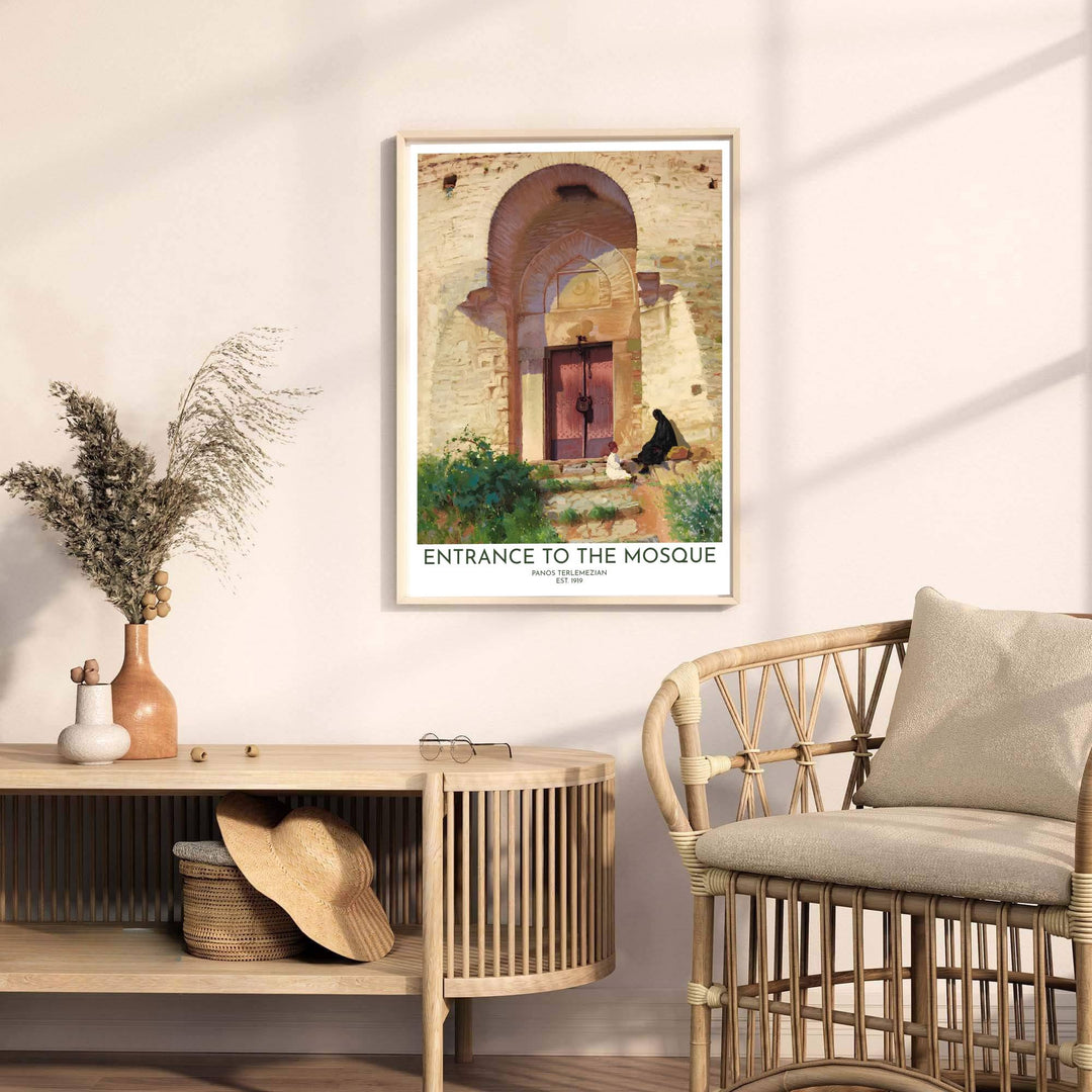 Fine art oil painting poster of Entrance to the Mosque by Panos Terlemezian with warm golden sunlight and stone texture brushwork. Released by MapYourDreams, this artwork is available in flexible options including unframed paper, custom wooden frames, and gallery canvas wraps for home wall art.